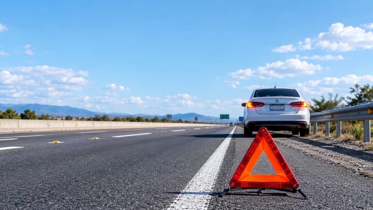 Triángulo reflectante de emergencia sobre el asfalto de una autopista de cuota mexicana con un coche detenido en el acotamiento