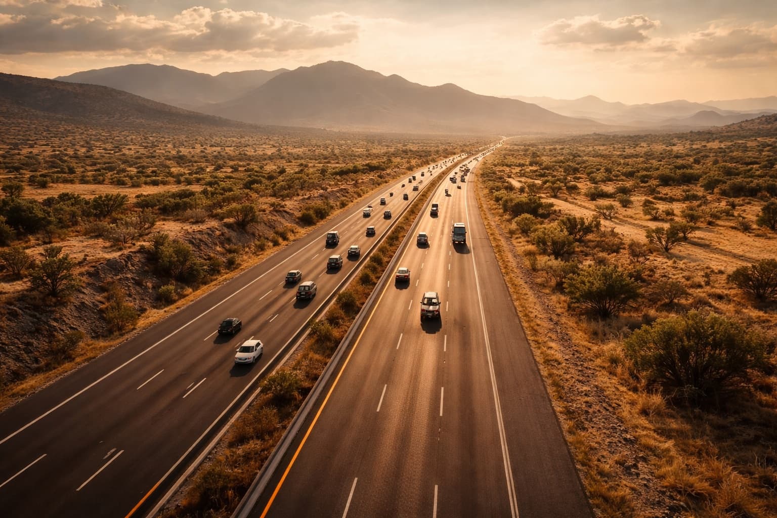 Vista aérea de autopista mexicana cortando paisaje arido con tráfico al atardecer