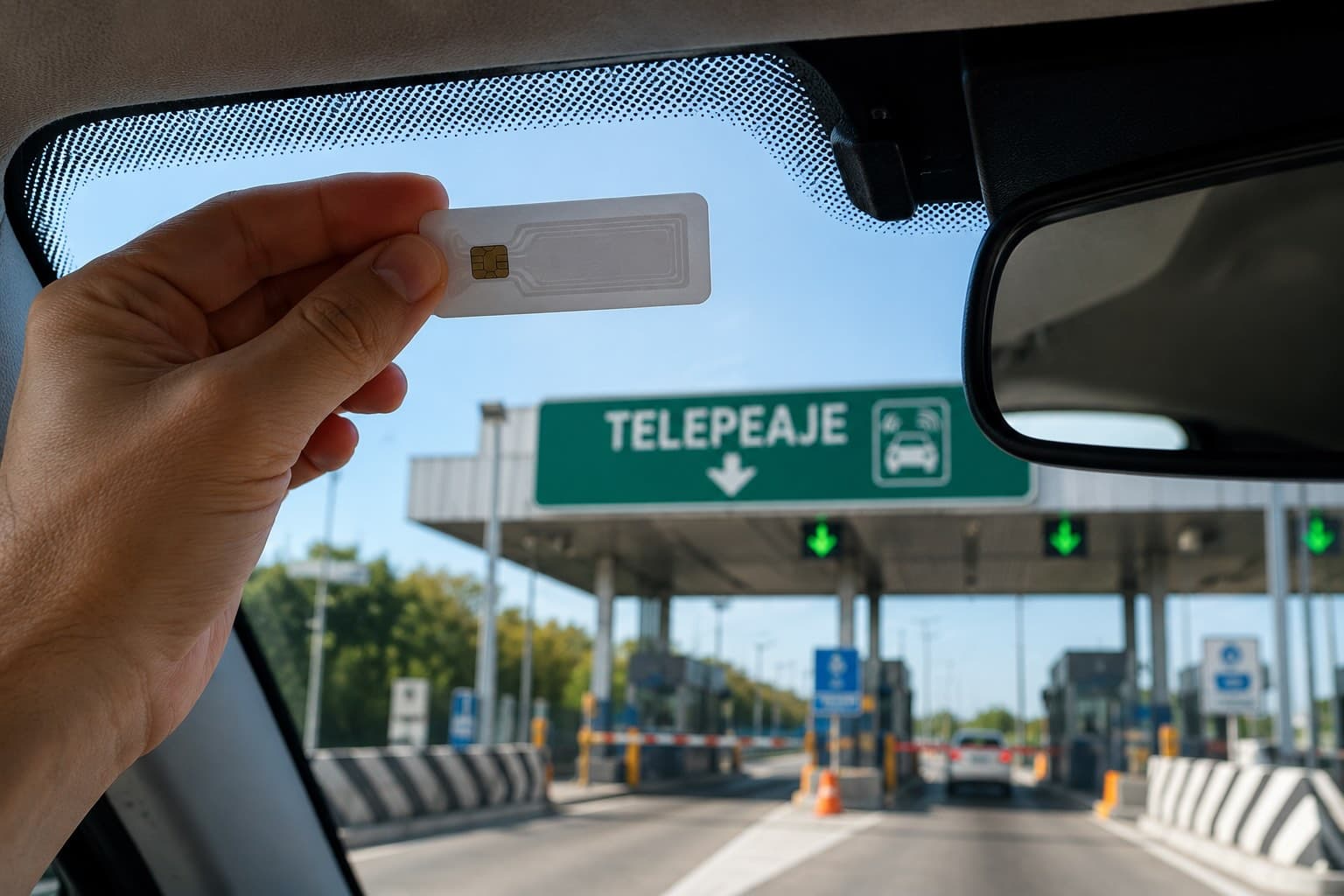 Mano colocando una calcomanía de telepeaje TAG en el parabrisas de un auto junto al retrovisor