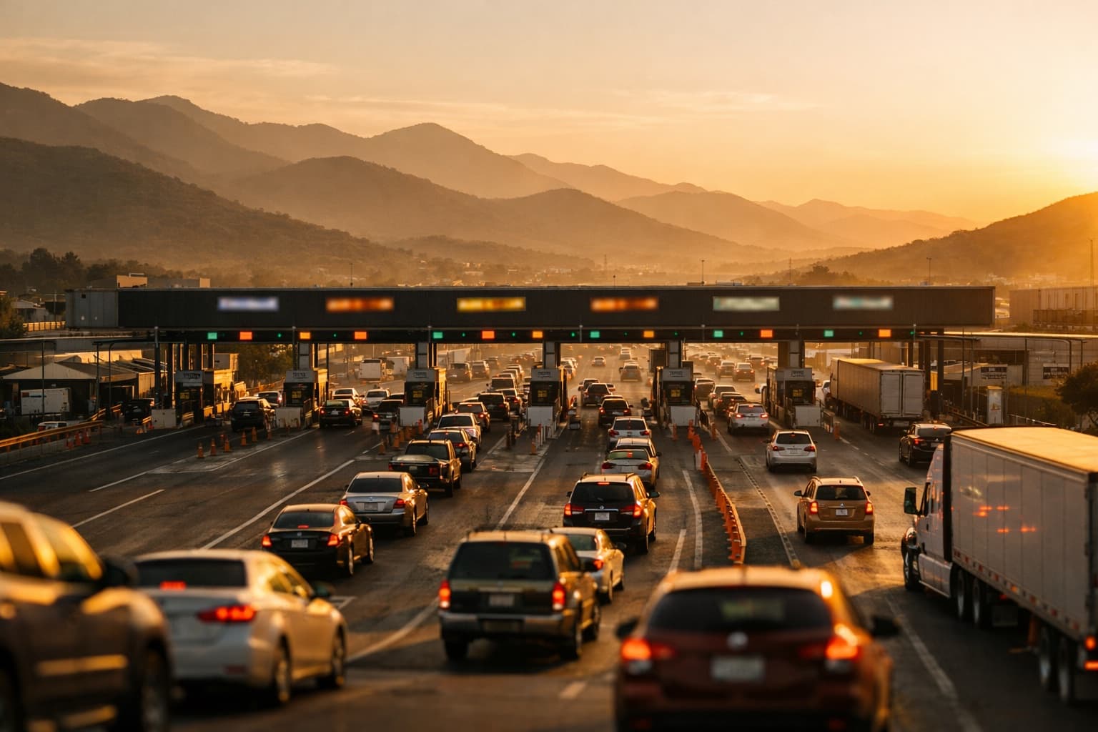 Caseta de peaje mexicana al atardecer con fila de coches y montañas al fondo