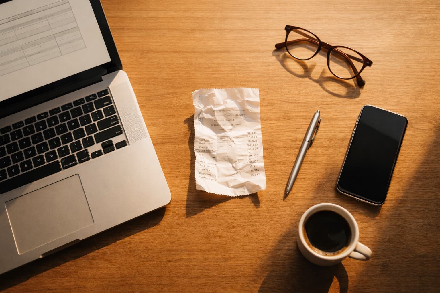 Escritorio con ticket de caseta, laptop, gafas y cafe listo para facturar