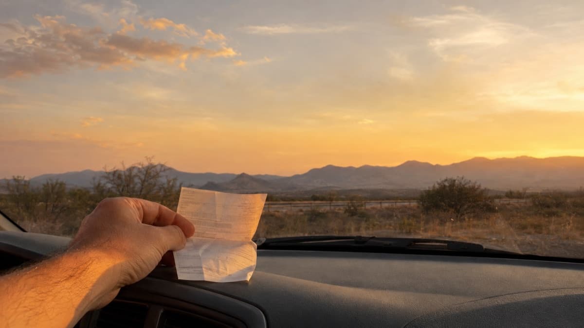 Mano sosteniendo ticket de peaje sobre tablero de auto con carretera mexicana al atardecer
