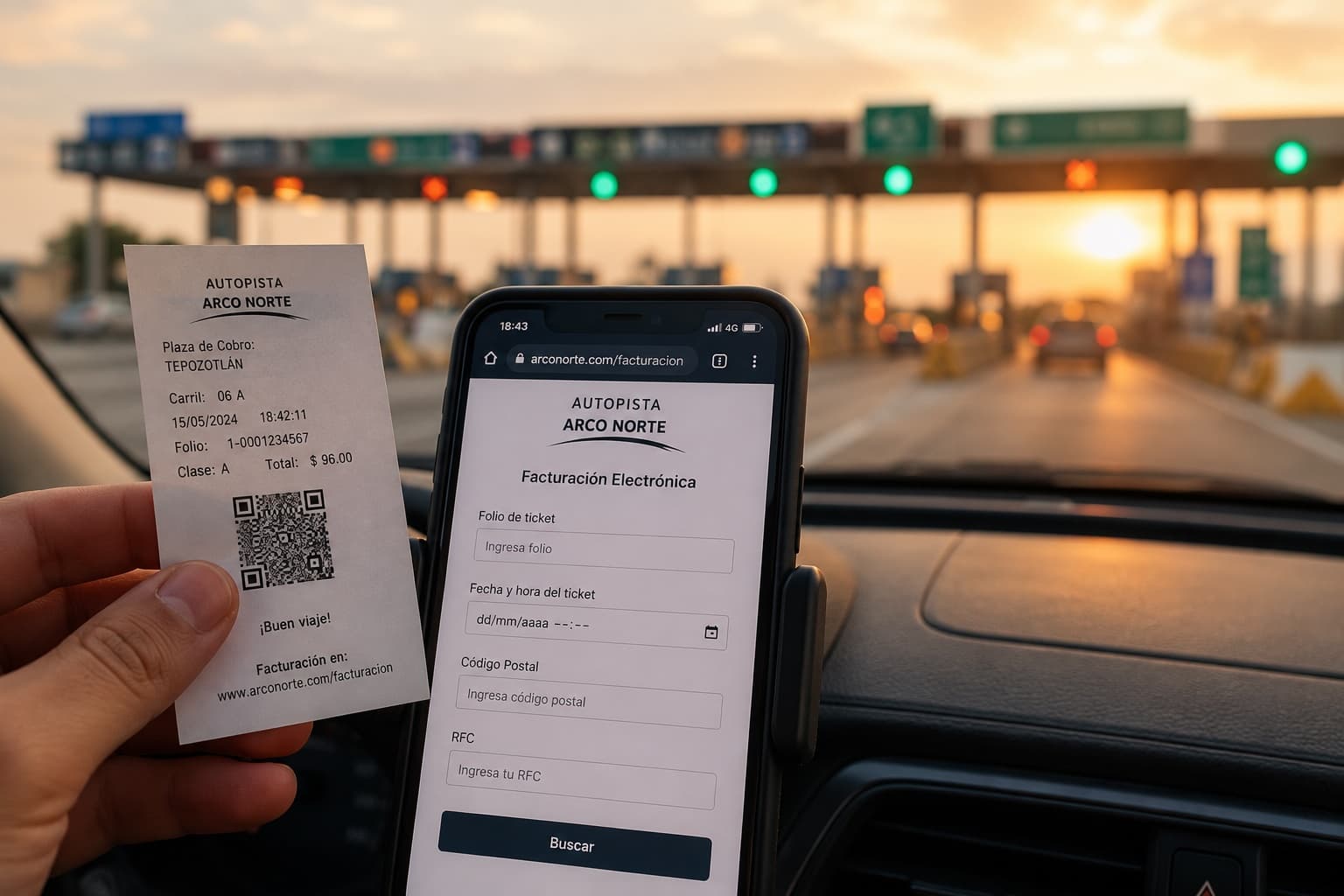 Ticket de peaje y teléfono con formulario de facturación sobre el tablero de un auto en autopista