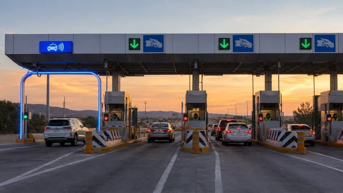 Caseta de peaje mexicana con cabinas de cobro y arco de carril TAG iluminado al fondo