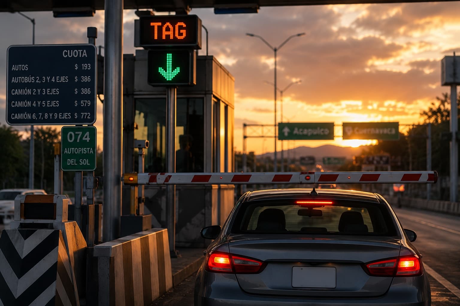 Pluma de caseta de peaje bajada frente a un auto con carril de telepeaje señalizado
