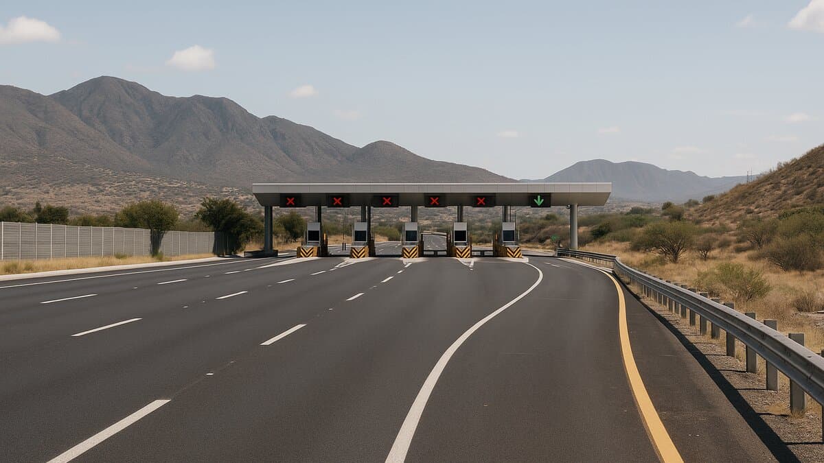 Caseta de peaje mexicana con carretera abierta y autos en ruta