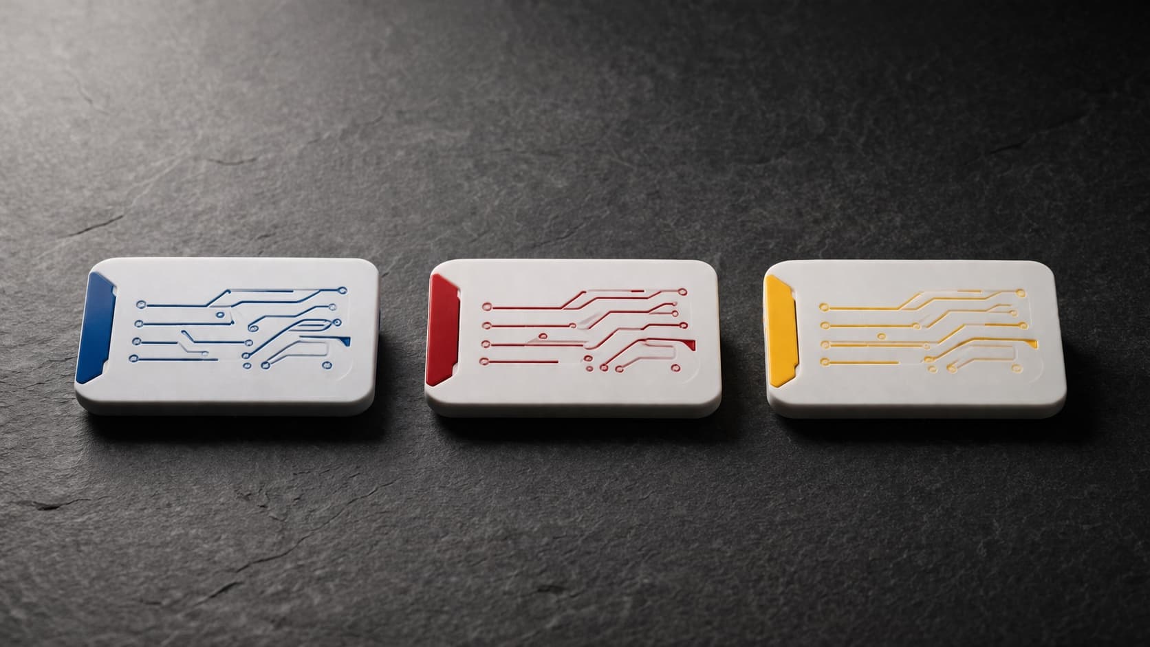 Tres dispositivos TAG en azul, rojo y amarillo sobre superficie oscura
