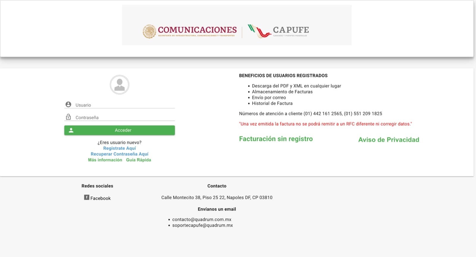 Pantalla inicial del portal CAPUFE con login, Facturación sin registro y Aviso de Privacidad