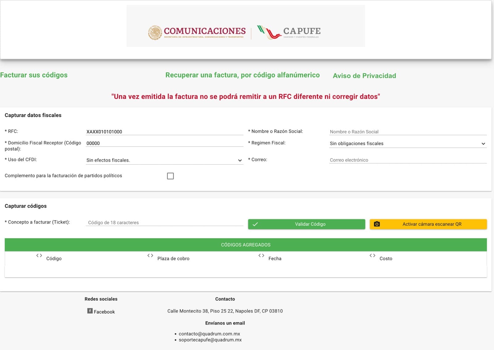 Pantalla del portal CAPUFE con formulario de datos fiscales y captura del código de ticket