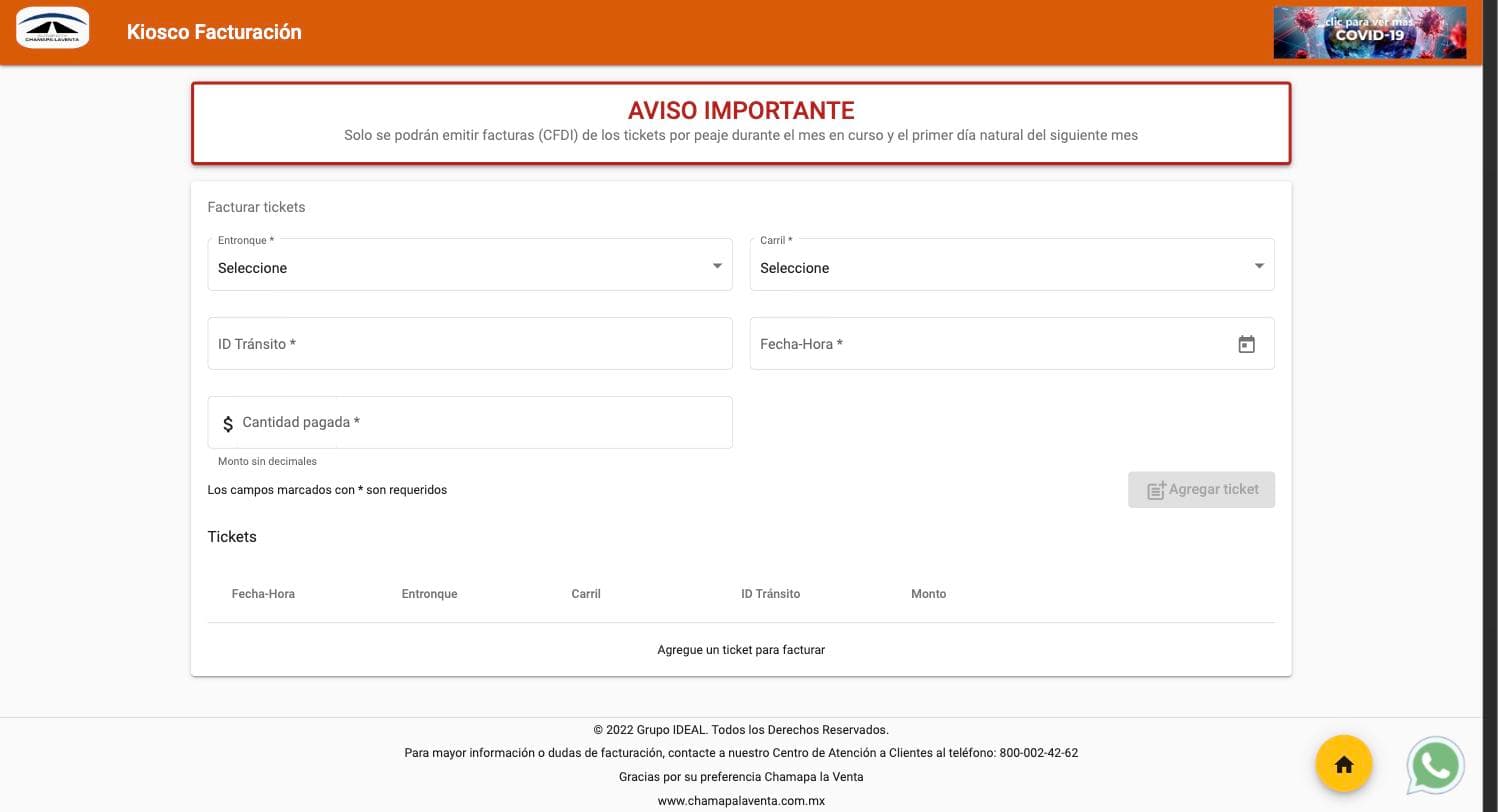 Formulario Facturar tickets del portal de Chamapa-La Venta con los campos Entronque, Carril, ID Tránsito, Fecha-Hora y Cantidad pagada