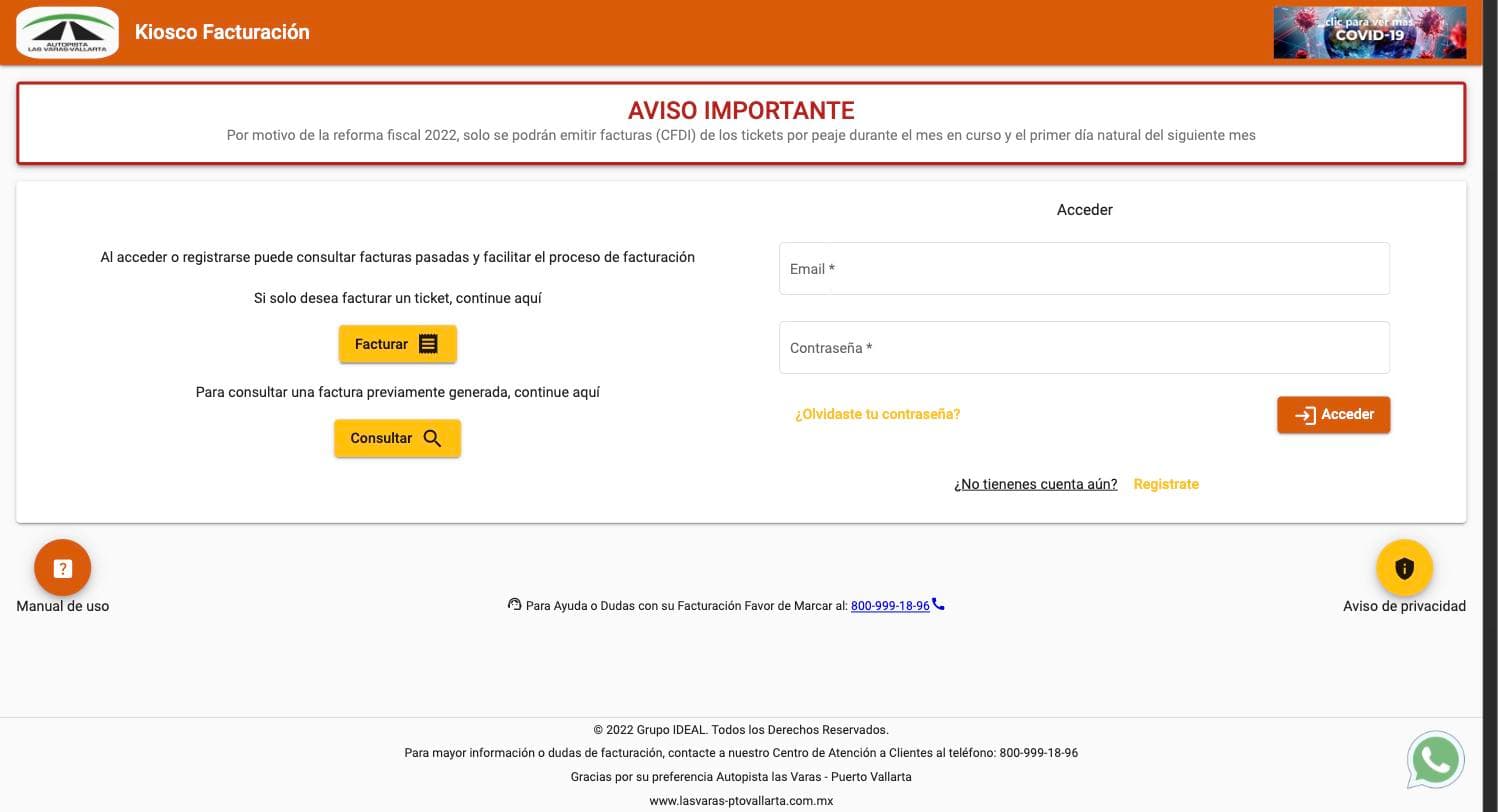 Portada del portal de facturación de la Autopista Las Varas-Puerto Vallarta con los botones Facturar y Consultar
