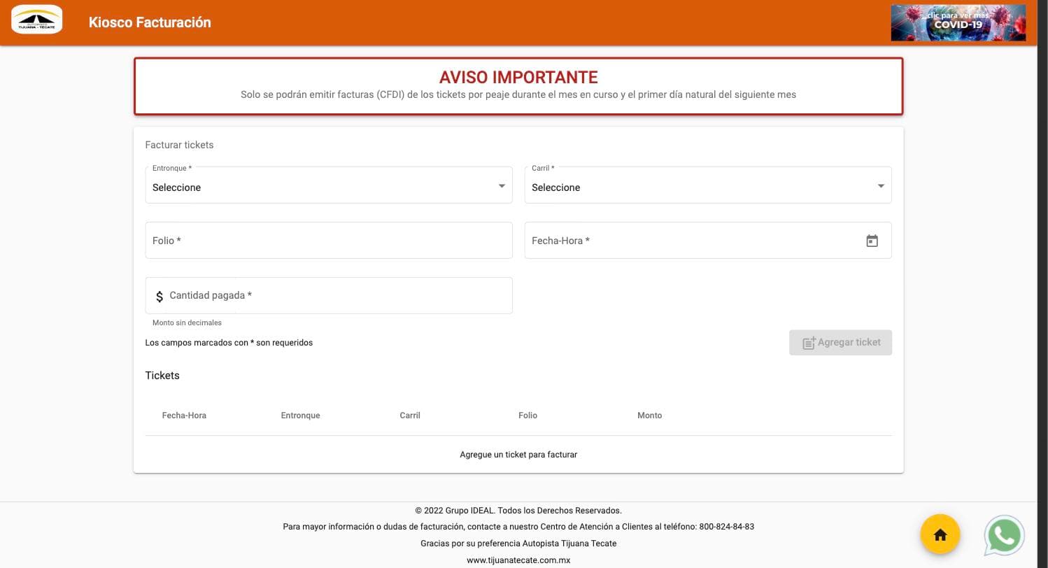 Formulario Facturar tickets del portal de Tijuana-Tecate con los campos Entronque, Carril, Folio, Fecha-Hora y Cantidad pagada