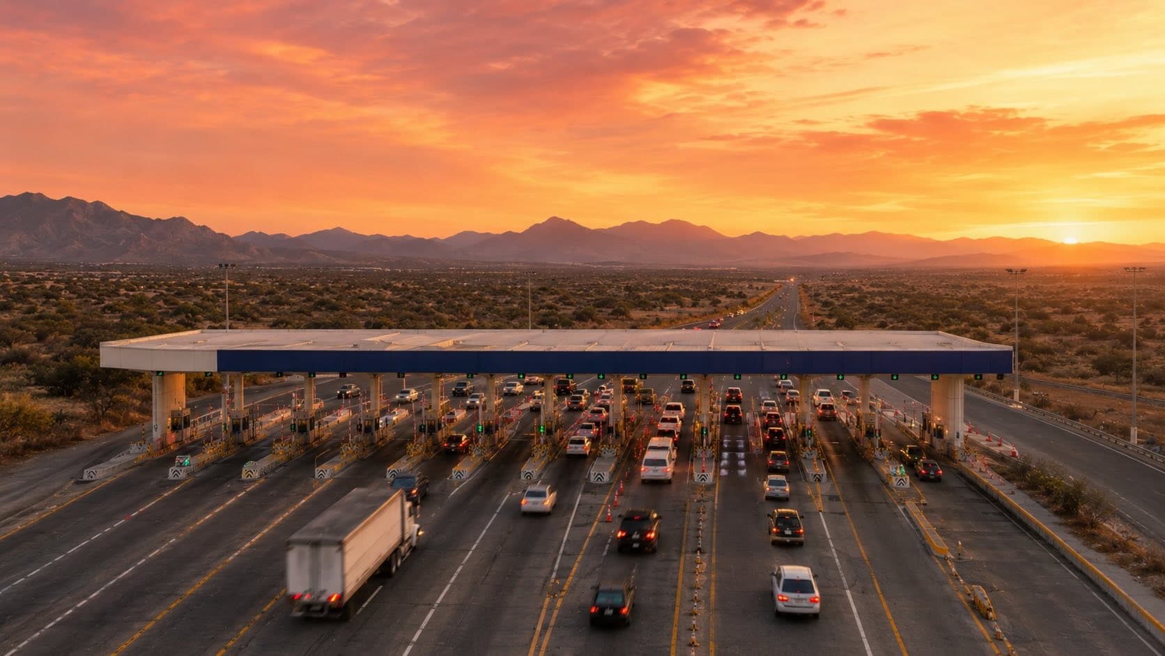 Plaza de cobro mexicana al atardecer con varios carriles activos y autopista hacia montañas