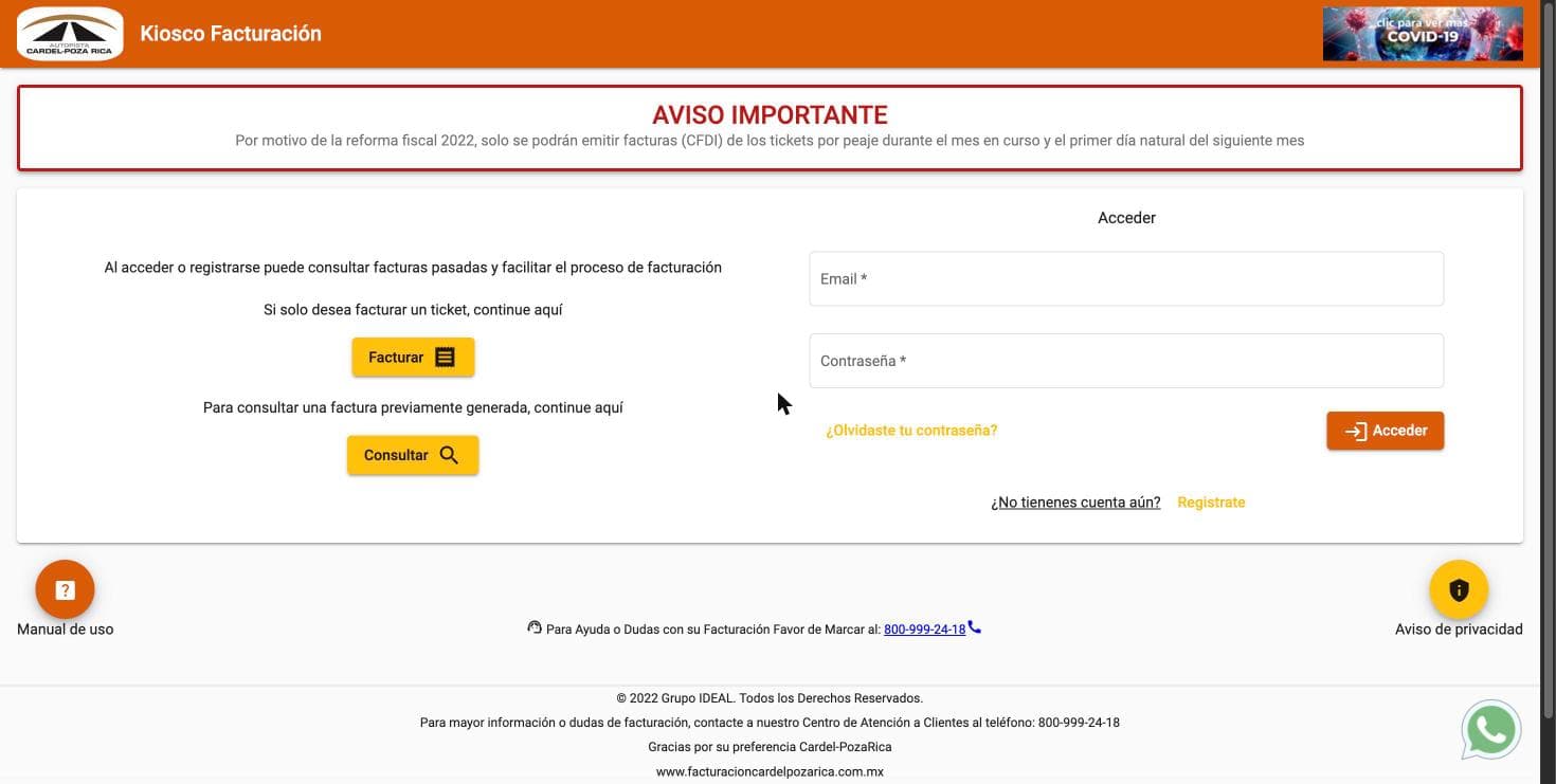Portada del portal de facturación de la Autopista Cardel-Poza Rica con los botones Facturar y Consultar
