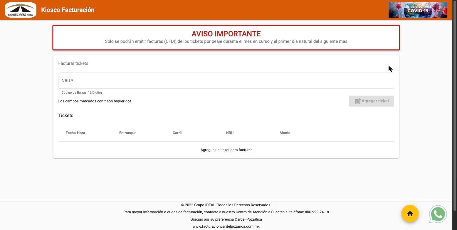 Formulario Facturar tickets del portal de Cardel-Poza Rica con un único campo, NRU